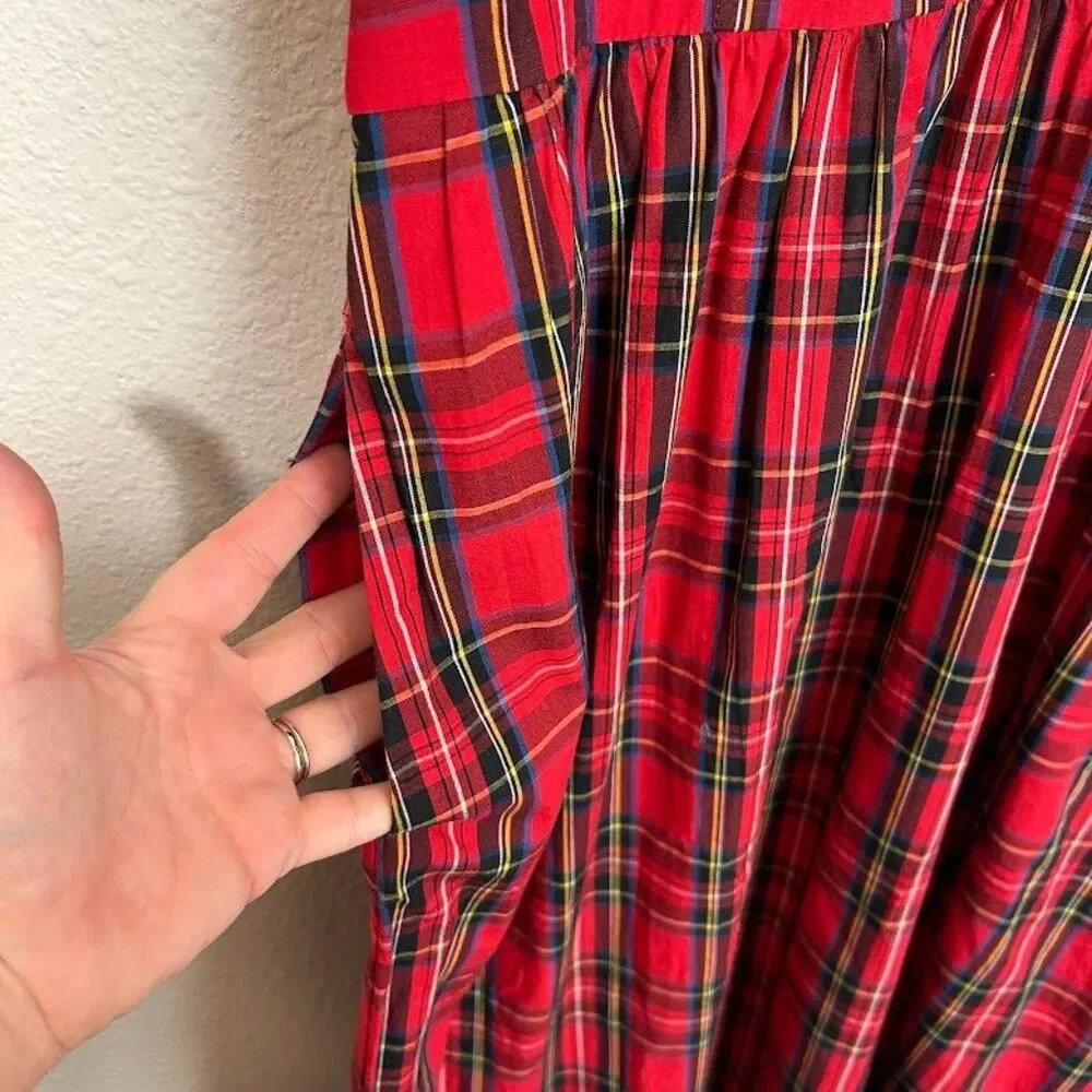 J. Crew Stewart Tartan Plaid Midi Dress 14 Red Puff Sleeve Cotton Blend Holiday